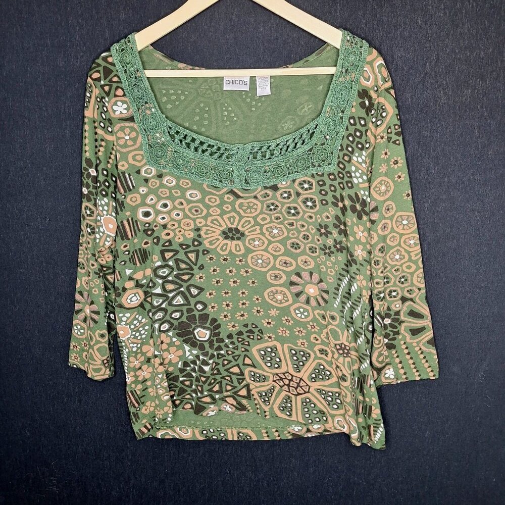 💙 Chicos Embroidered Soft Floral Long Sleeve Top Size L Comfy Casual